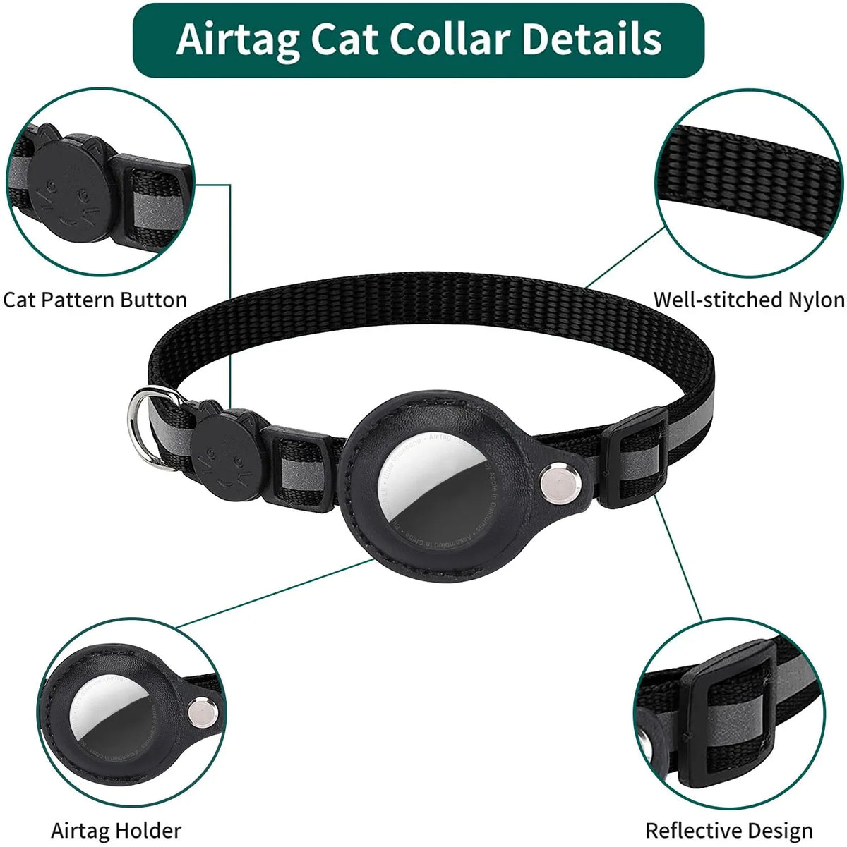 Jelieora Venture reflective nylon cat collar with bell, breakaway safety buckle, GPS tracker holder for kittens and small pets.