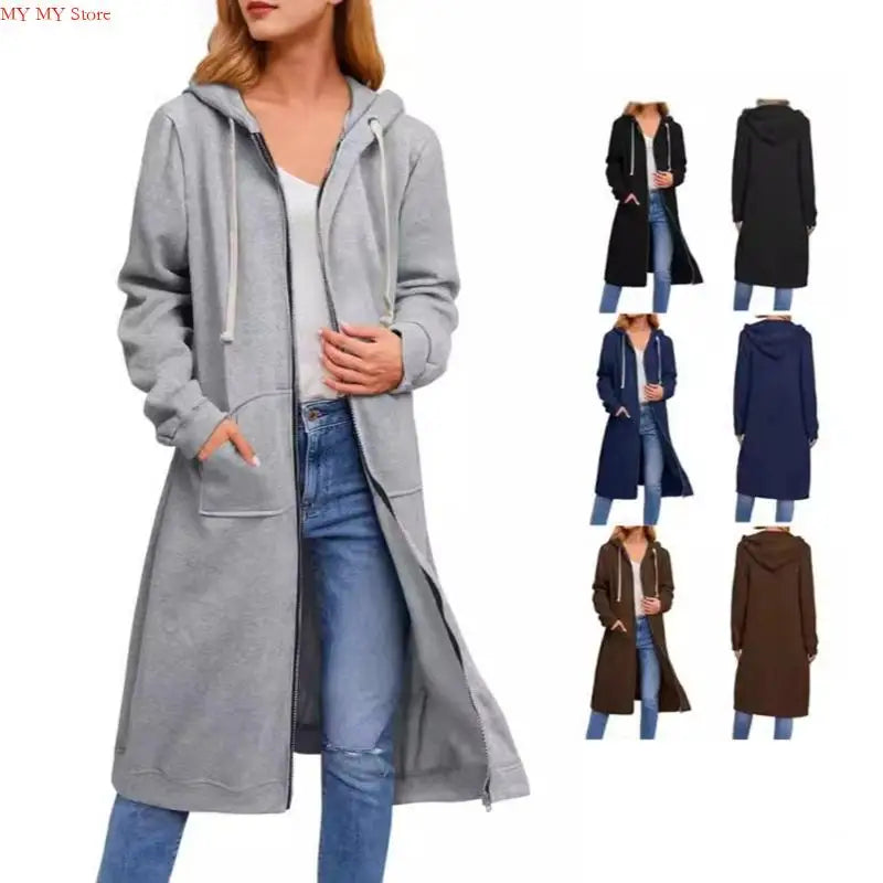 Jelieora Venture women's full zip hooded coat with front pockets, black fabric, and adjustable drawstring hood, suitable for cold weather.