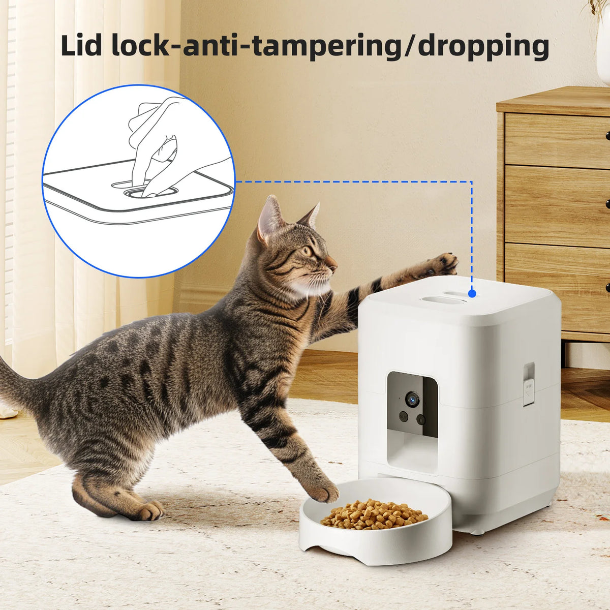 Jelieora Venture 2L automatic pet feeder with Wi-Fi, camera, and remote app control for cats and dogs, no 5V 2A plug included.