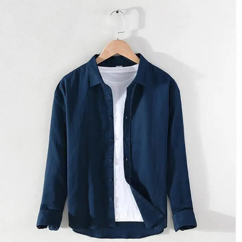 Men's linen long sleeve shirt by Jelieora Venture featuring a lightweight, breathable fabric in a classic design.
