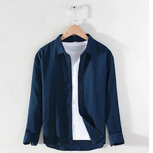 Men's linen long sleeve shirt by Jelieora Venture featuring a lightweight, breathable fabric in a classic design.