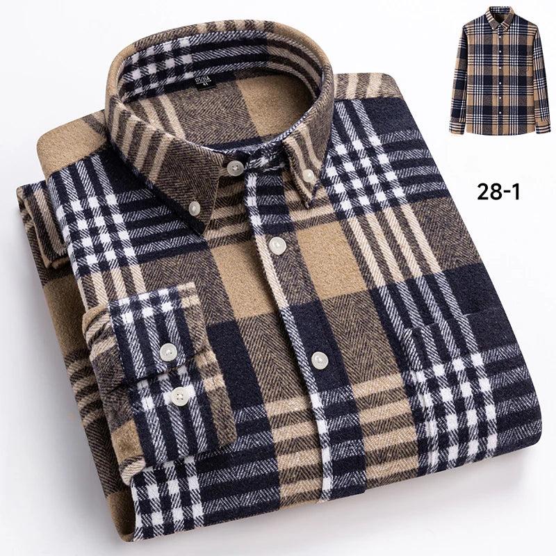 Men's herringbone plaid shirt by Jelieora Venture, 100% cotton, in various sizes up to 7XL, displayed on a hanger.