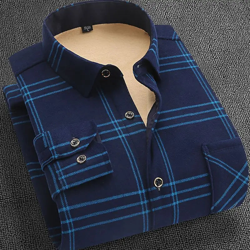 Men's fleece-lined plaid shirt jacket by Jelieora Venture, showing a cozy, button-up top with a classic plaid pattern and fleece interior.
