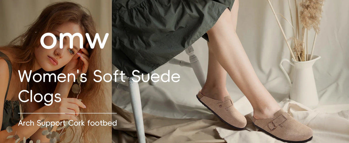 Women's suede mule clogs with cork sole and adjustable buckle, stylish Jelieora Venture footwear for comfortable casual wear.