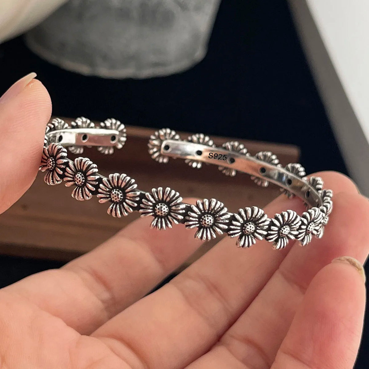 Sterling silver retro bracelet with vintage flower pattern, handmade jewelry for women and men by Jelieora Venture.