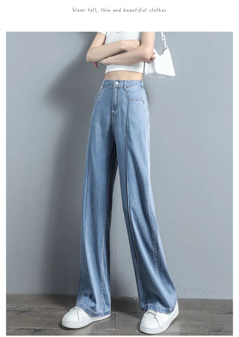 Women's high waist wide-leg jeans by Jelieora Venture, featuring a fitted waist and flowing leg design, shown in the product image.