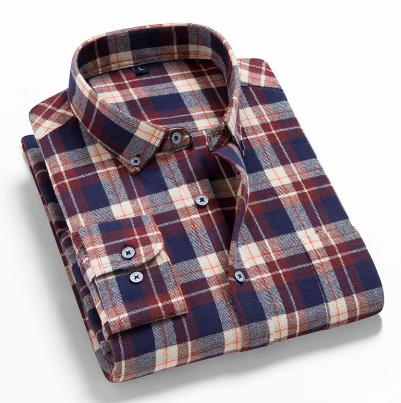 Men's 100% cotton flannel plaid shirt by Jelieora Venture, featuring a classic checkered design and button-up front.