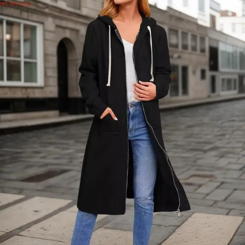 Jelieora Venture women's full zip hooded coat with front pockets, black, made from warm, soft fabric for outdoor wear.