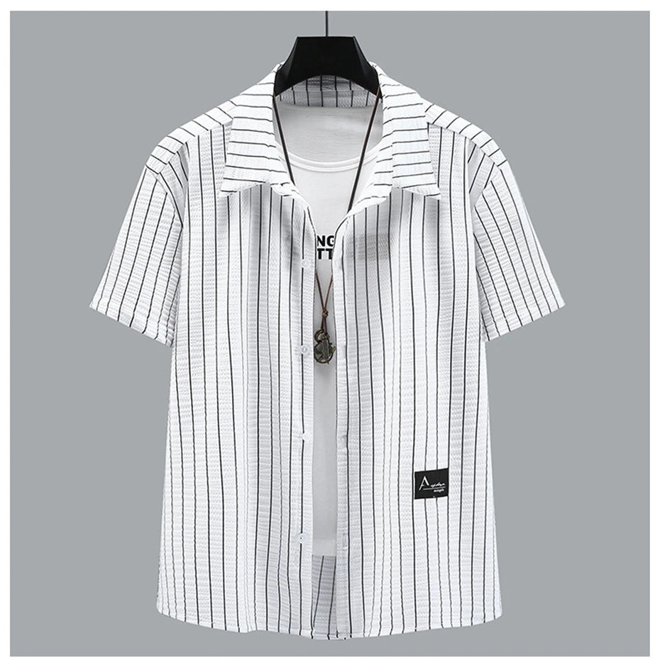 Men's plus size stripe shirt and shorts summer co-ord set by Jelieora Venture, featuring bold vertical stripes in a comfortable fit.