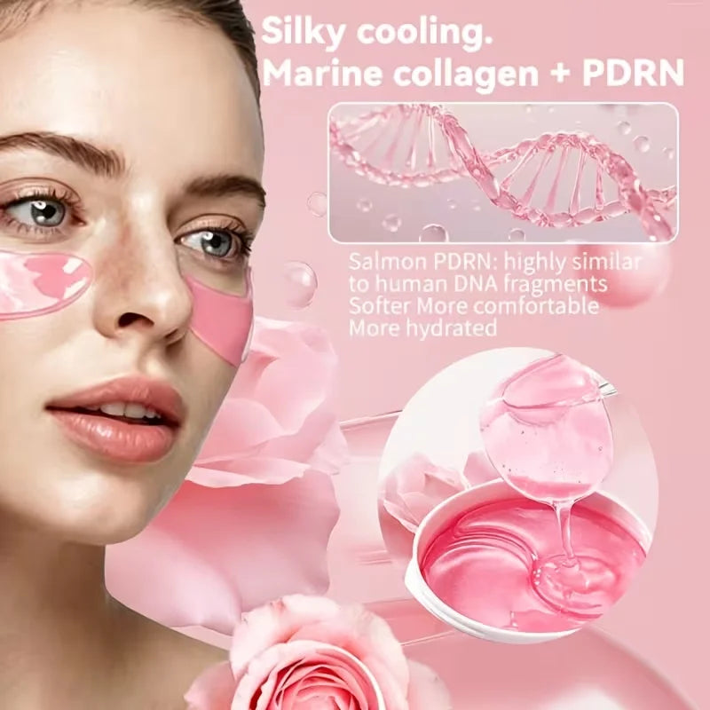 Jelieora Venture pink eye patches set with 60 gel under-eye pads, deeply moisturizing, cooling, and hydrating for refreshed eye skin.