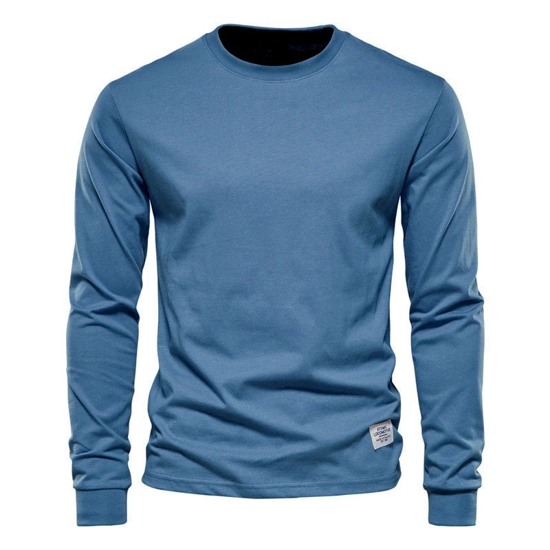 Men's cotton long sleeve T-shirt by Jelieora Venture, shown in a neutral color with a classic fit and smooth fabric texture.