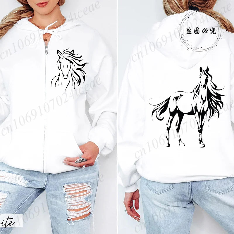 Women's hoodie with horse print by Jelieora Venture, featuring a casual fit and detailed horse design on soft fabric.