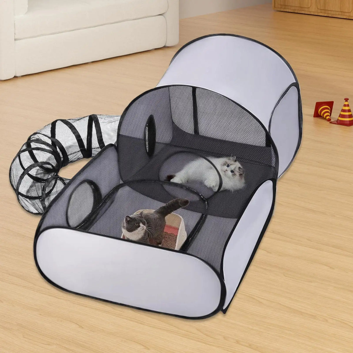 Foldable cat and dog playpen by Jelieora Venture, featuring breathable fabric, interactive toys, and a cozy tent for kittens and puppies.
