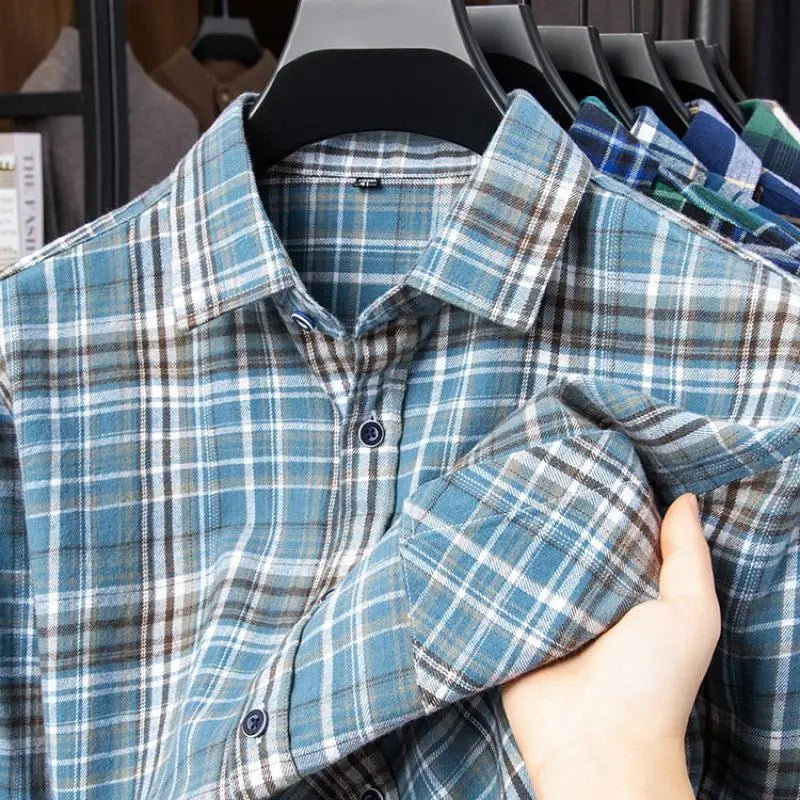 Men's cotton flannel plaid shirt by Jelieora Venture, shown in extended sizes up to 11XL, featuring a classic checkered pattern.