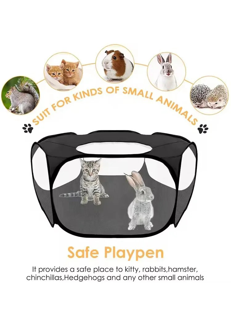 Portable transparent foldable pet playpen tent for small animals like puppies, cats, hamsters, rabbits, and guinea pigs by Jelieora Venture.