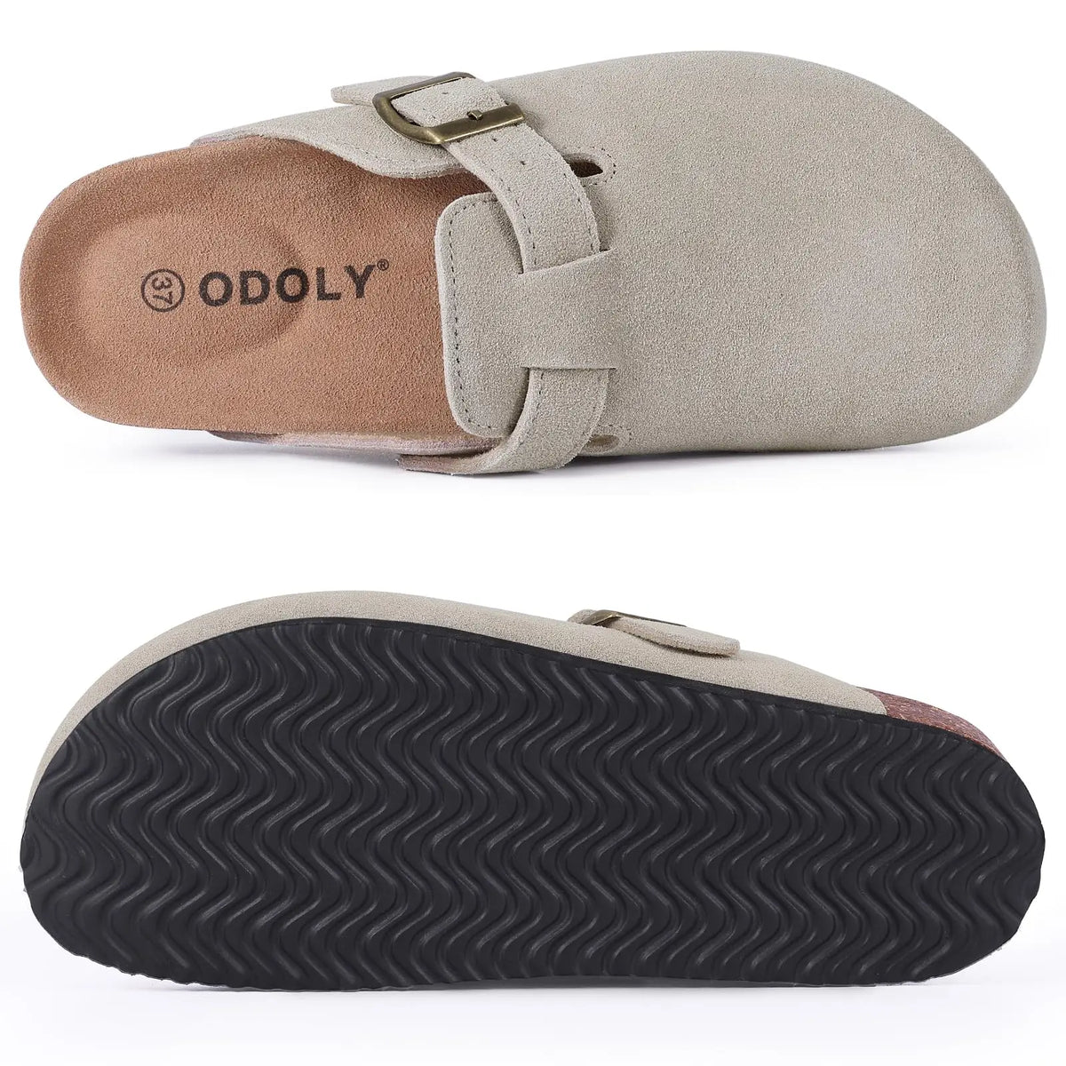 Women's suede mule clogs with cork soles and adjustable buckle by Jelieora Venture, showing the stylish slip-on footwear.