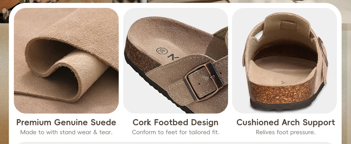 Women's suede mule clogs with cork soles and adjustable buckle by Jelieora Venture, showcasing comfortable, stylish footwear.