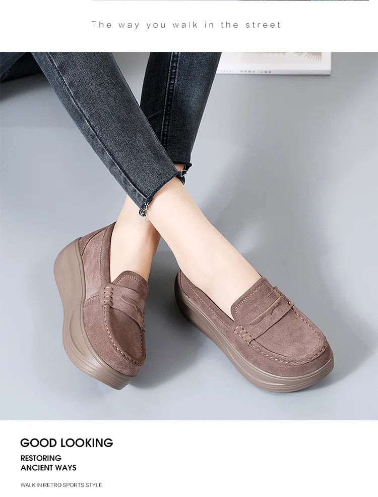 Women's cow suede platform loafers by Jelieora Venture, featuring stylish design and comfortable slip-on footwear.