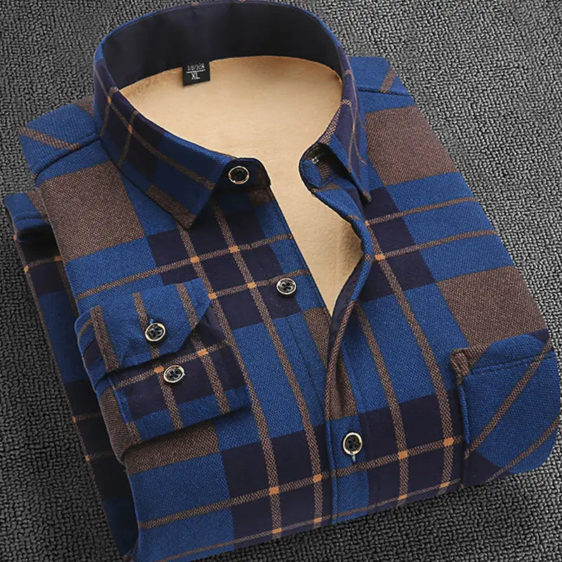Men's fleece-lined plaid shirt jacket by Jelieora Venture, featuring a classic checkered pattern and warm, cozy fabric.