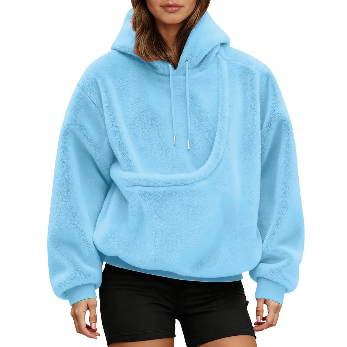 Unisex pet carrier hoodie by Jelieora Venture featuring a cozy design with a built-in pet pocket and casual style.