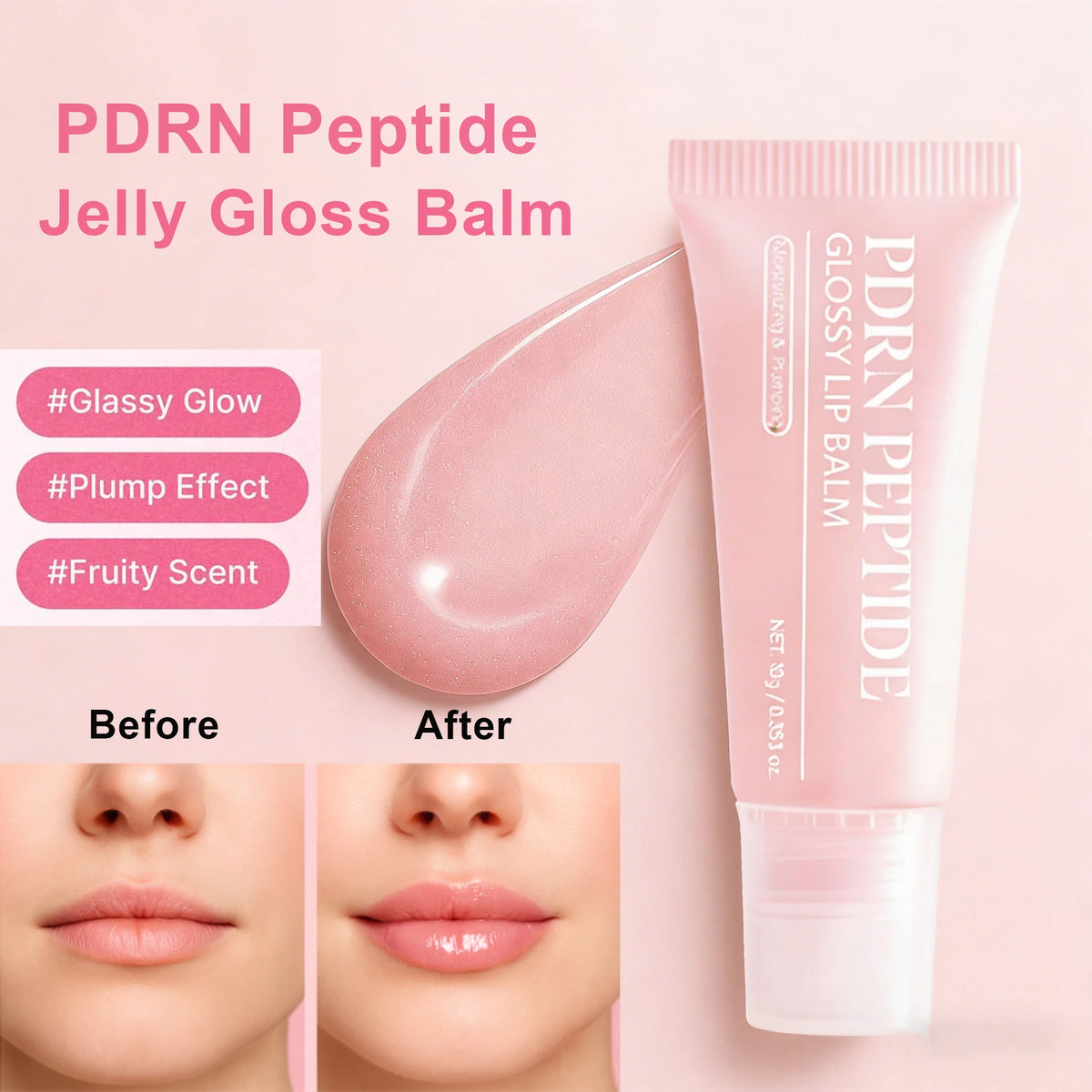 Jelieora Venture PDRN Peptide Jelly Gloss Balm in a 10g jar, moisturizing lip gloss with pink peptide, hyaluronic acid, and ceramides.