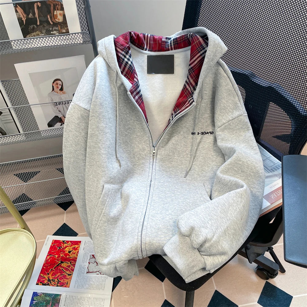 Jelieora Venture retro plaid zip hoodie cardigan with front pockets, featuring a colorful checkered pattern and adjustable hood.