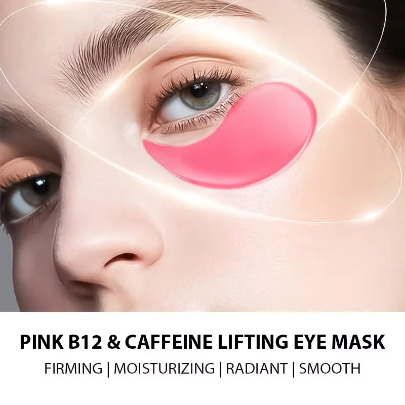 Jelieora Venture pink eye patches, 60 pieces of gel under-eye pads for deep hydration, cooling, and improved skin around the eyes.