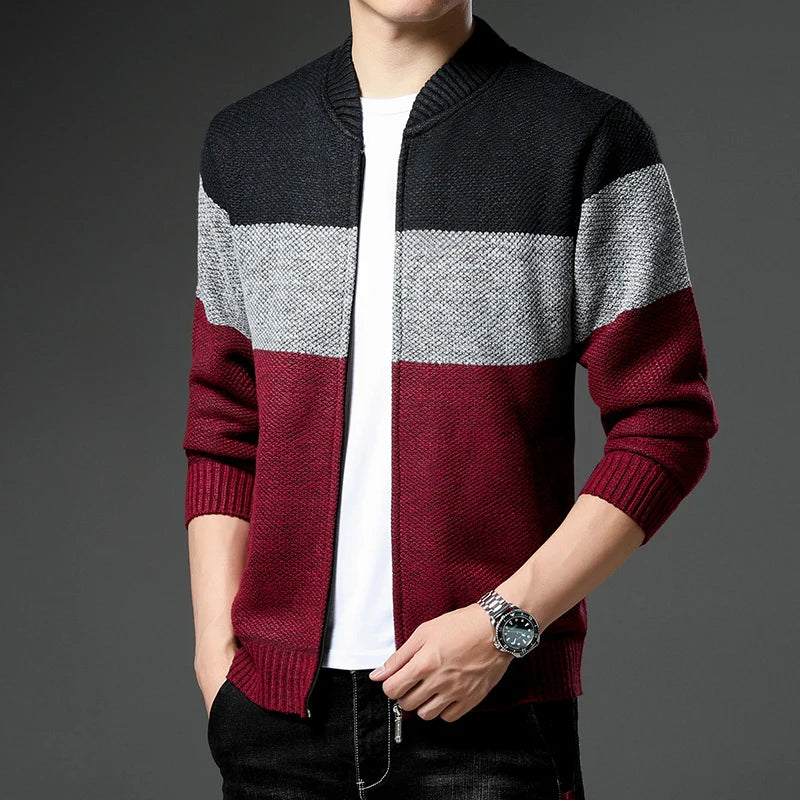 Men's knitted cardigan jumper by Jelieora Venture featuring a cozy, textured knit fabric and classic button-up design.