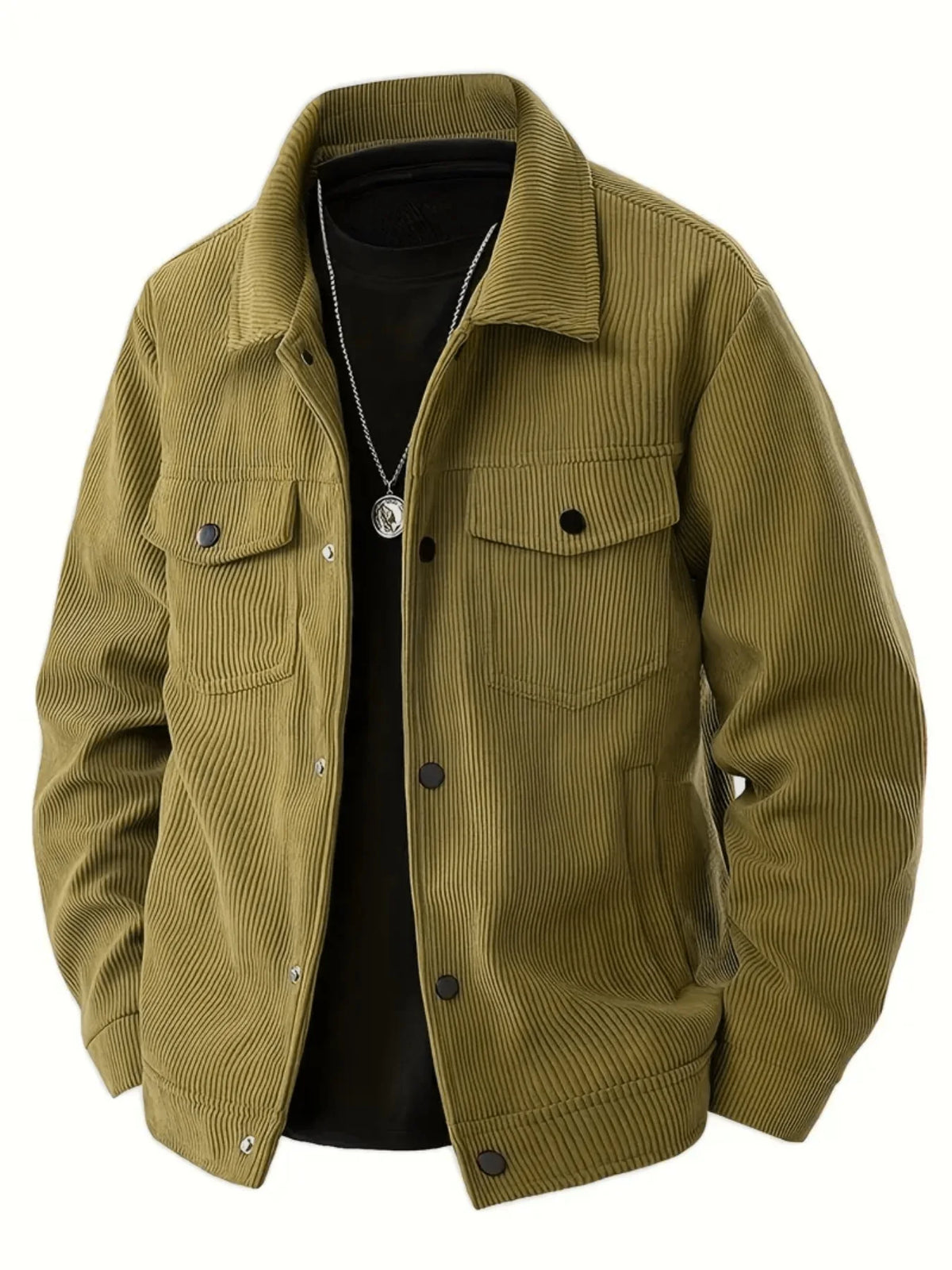 Men's Japanese style corduroy lapel jacket by Jelieora Venture, shown in a close-up of the dark brown outerwear with lapel details.