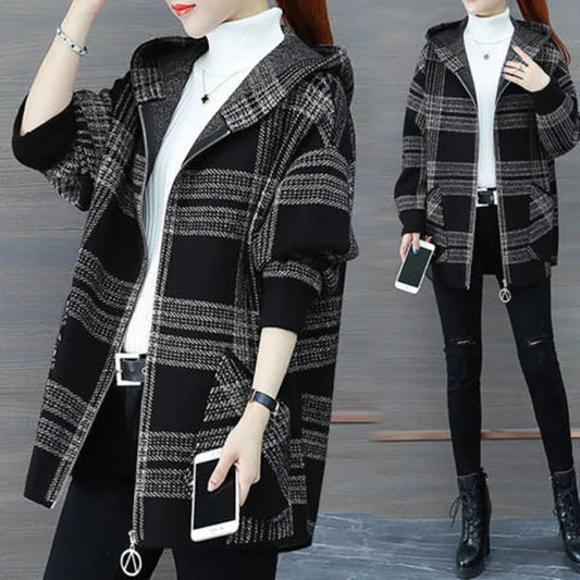 Plus size women's plaid fleece-lined coat by Jelieora Venture, showing cozy fleece interior and stylish plaid outer fabric.