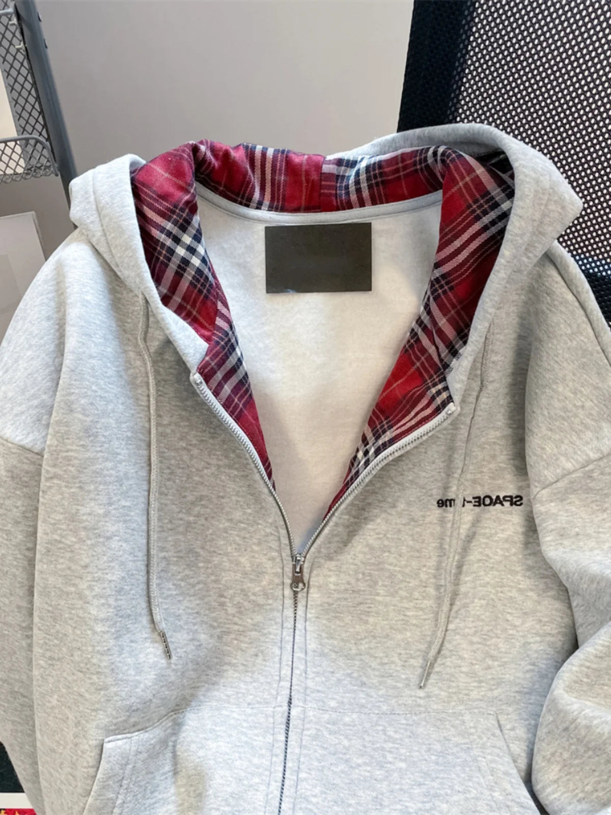 Jelieora Venture retro plaid zip hoodie cardigan with front pockets and adjustable drawstrings, casual and stylish for everyday wear.