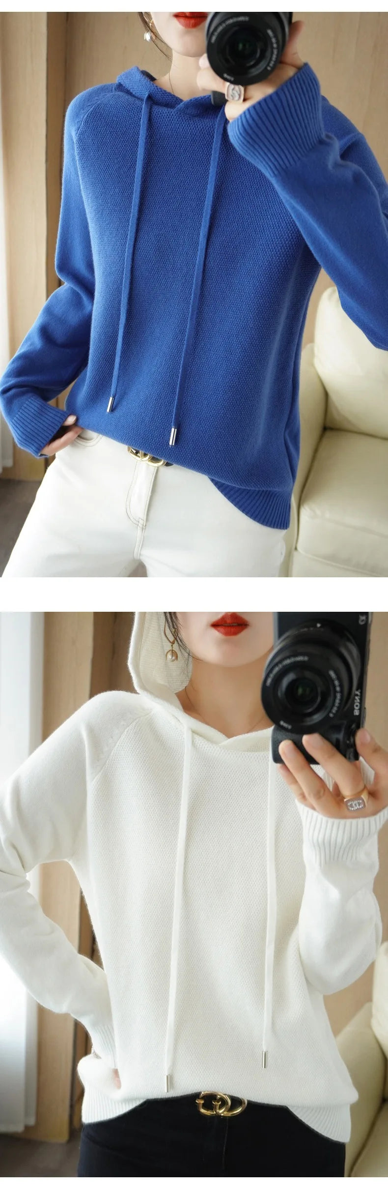 Women's knitted hoodie jumper by Jelieora Venture featuring a cozy, soft knit fabric and a relaxed fit, perfect for casual wear.