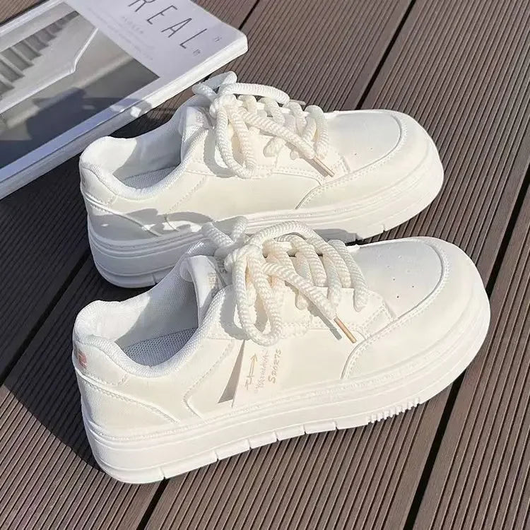 Women's White Leather Flat Casual Shoes | Breathable Lace-Up Vulcanised Sole
