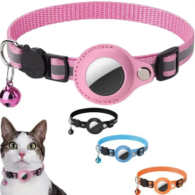 Jelieora Venture adjustable cat collar with footprint print, reflective safety necklace, bell, and Airtag holder for pet security.