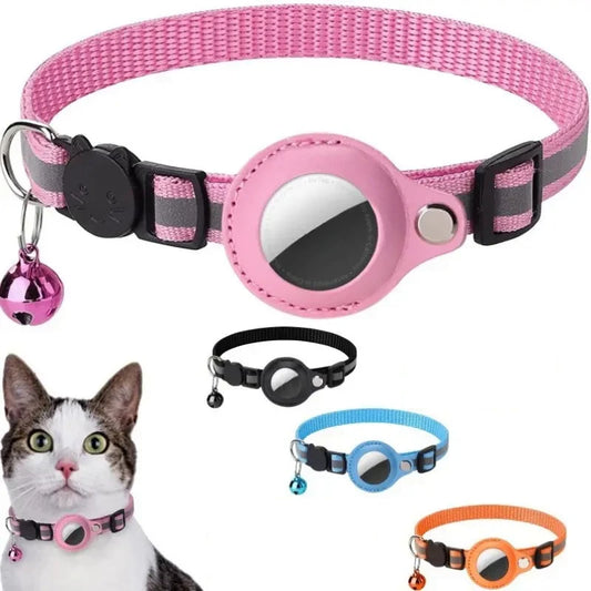 Jelieora Venture adjustable cat collar with footprint print, reflective safety necklace, bell, and Airtag holder for pet security.