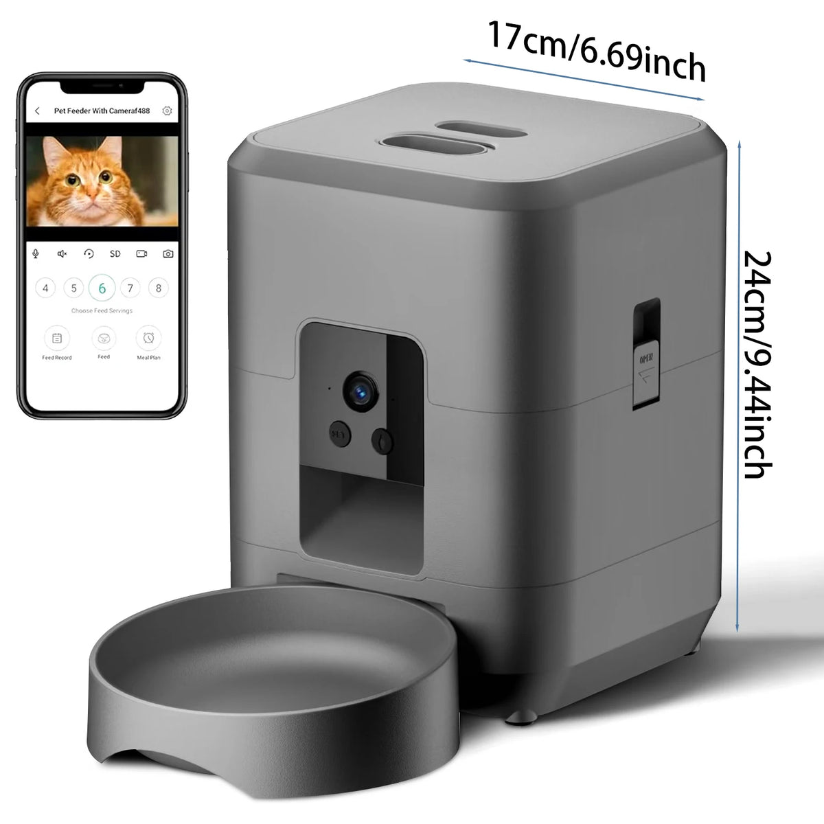 Jelieora Venture 2L automatic pet feeder with Wi-Fi, camera control, food dispenser for cats and dogs, no plug included.
