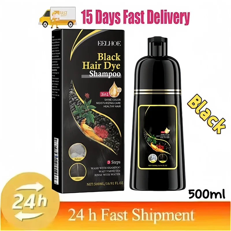 Jelieora Venture 3-in-1 darkening hair colour shampoo showing the bottle with dark hair and scalp care elements