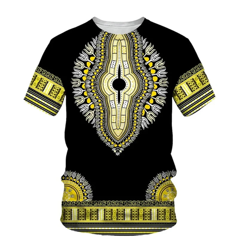 Men's African print T-shirt by Jelieora Venture featuring vibrant traditional patterns and short sleeves.
