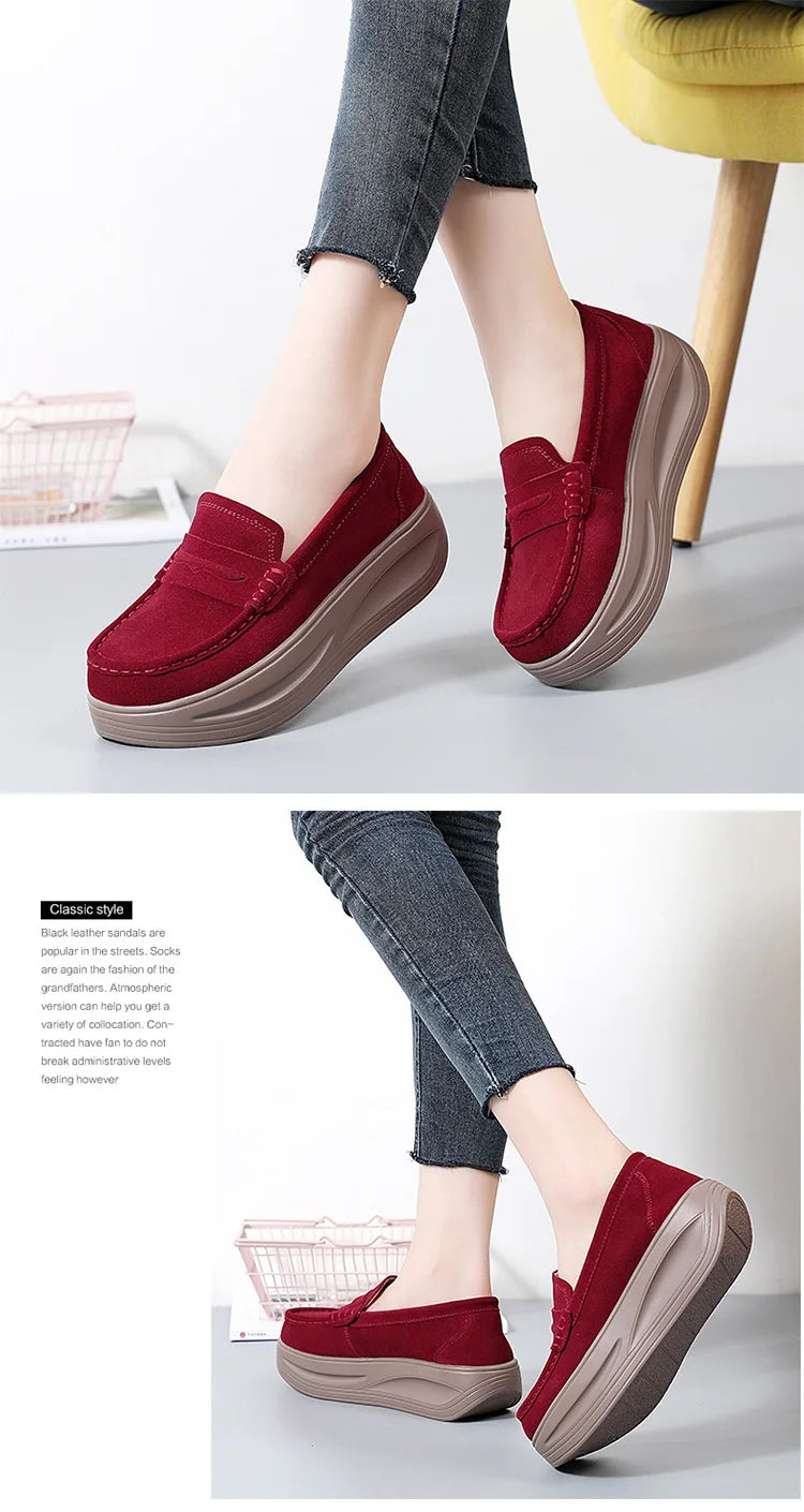 Women's cow suede platform loafers by Jelieora Venture, featuring stylish design and comfortable slip-on footwear.