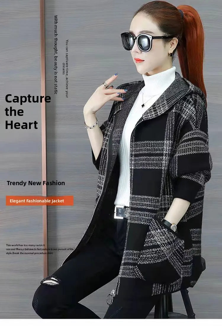 Plus size women's plaid fleece-lined coat by Jelieora Venture, featuring a cozy, stylish plaid pattern and warm fleece interior.
