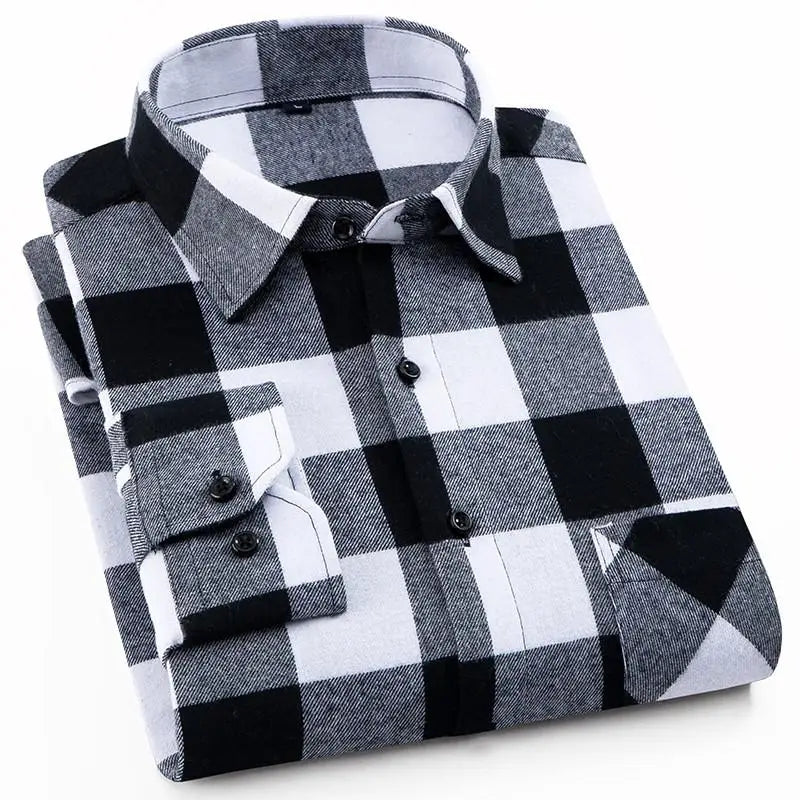 Men's cotton flannel plaid shirt by Jelieora Venture, featuring a classic red and black checkered pattern, long sleeves, and collar.