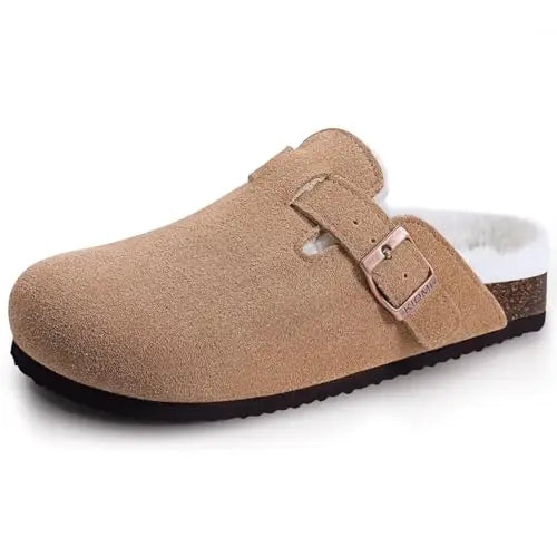 Women's cork sole suede mule clogs with adjustable buckle by Jelieora Venture, showcasing stylish slip-on footwear with comfortable design.