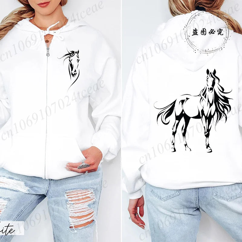 Women's horse print hoodie by Jelieora Venture featuring a detailed horse illustration on soft fabric.
