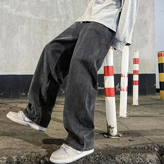 Men's wide-leg streetwear jeans by Jelieora Venture, featuring relaxed fit and casual denim style in a modern design.
