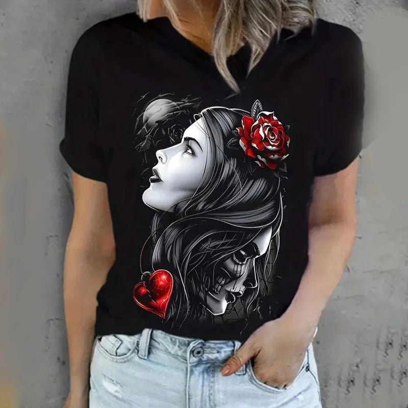 Women's skeleton print t-shirt by Jelieora Venture featuring a black and white skeleton graphic on soft cotton fabric.