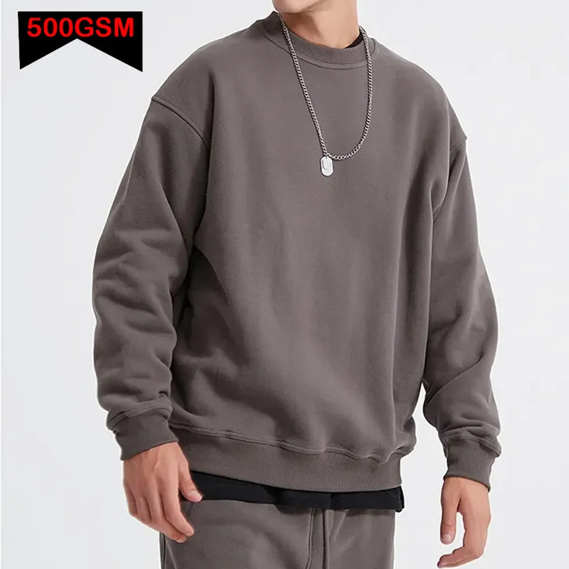 Men's heavyweight 500GSM pullover hoodie by Jelieora Venture, showing the front cloth with hood and long sleeves.