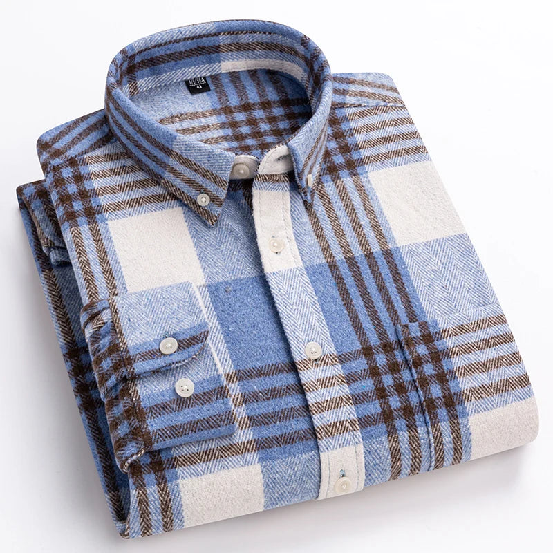 Men's 100% cotton herringbone plaid shirt by Jelieora Venture, shown in a classic pattern, available up to 7XL size.