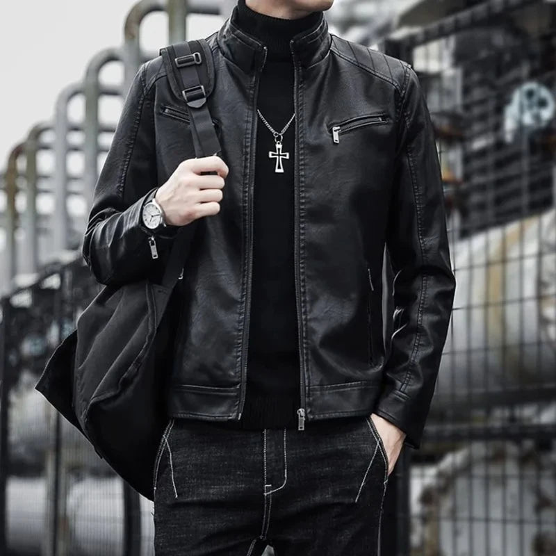Men's black faux leather biker jacket by Jelieora Venture featuring a classic design and metal zipper details.