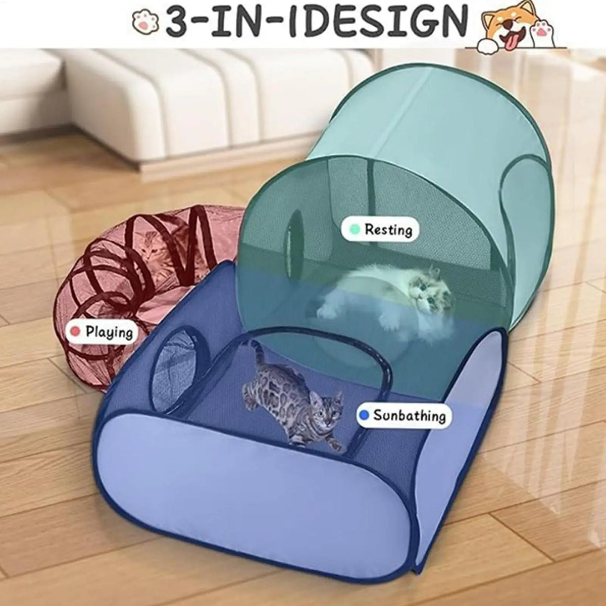 Foldable Jelieora Venture cat and dog playpen with breathable enclosure, interactive toys, and exercise space for kittens and puppies.