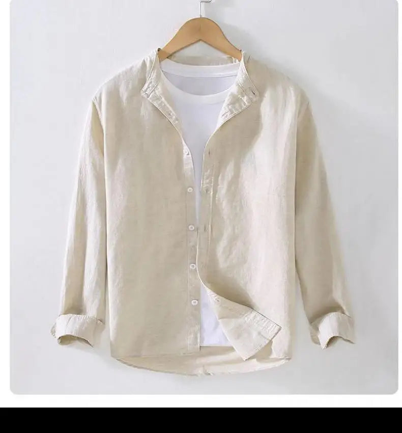 Men's linen long sleeve shirt by Jelieora Venture, displayed in a neutral tone with a classic collar and button-front design.